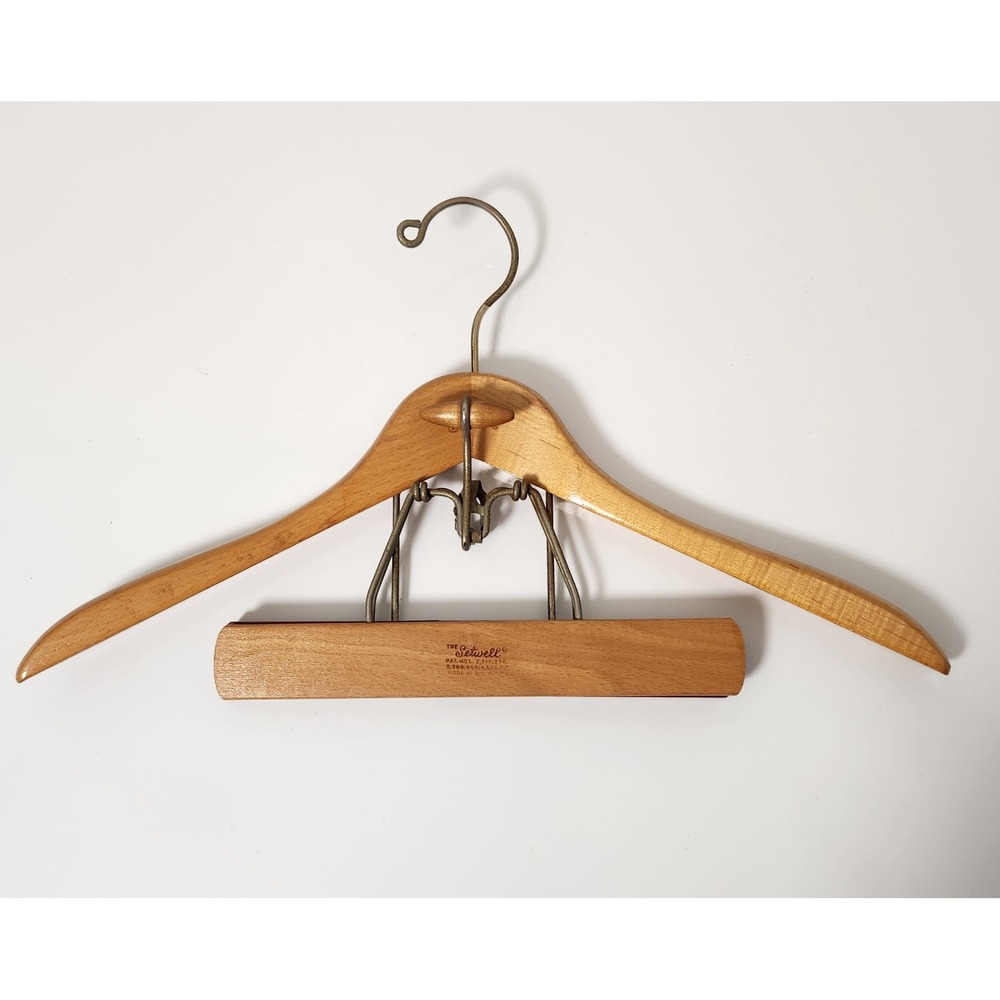 Vintage Setwell Wood Suit Hanger Wishbone Clamp Coat Pants Made USA Heavy Duty